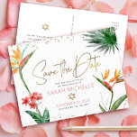 Bat Mitzvah Tropical Save Date Floral Gold Script<br><div class="desc">Make sure all your friends and relatives will be able to celebrate your daughter’s milestone Bat Mitzvah! Send out this chic, personalised “Save the Date” announcement postcard. Stylish, stunning, colourful, tropical watercolor birds of paradise flowers, faux gold handwritten script, Star of David and glitter dots, along with rose pink and...</div>
