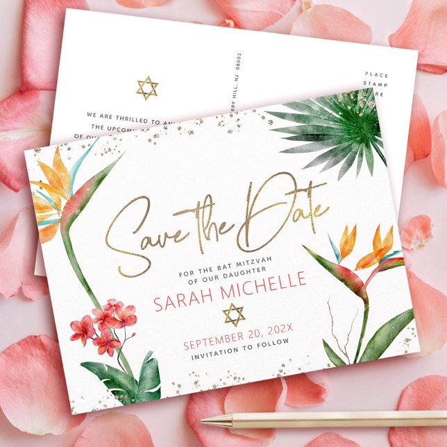 Bat Mitzvah Tropical Save Date Floral Gold Script Invitation Postcard (Creator Uploaded)