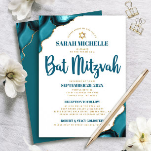 Bat Mitzvah Turquoise Agate Script 2 Venue Modern Invitation