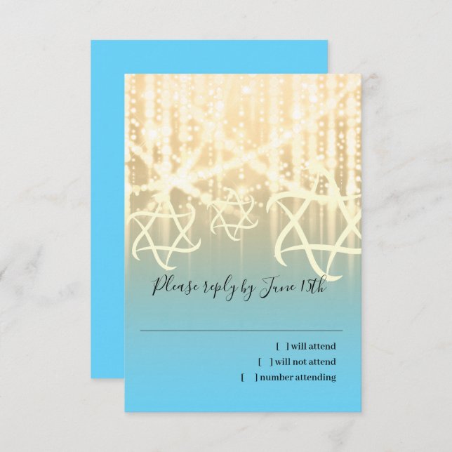 Bat Mitzvah Turquoise and Gold Sparkly Lights RSVP Card (Front/Back)