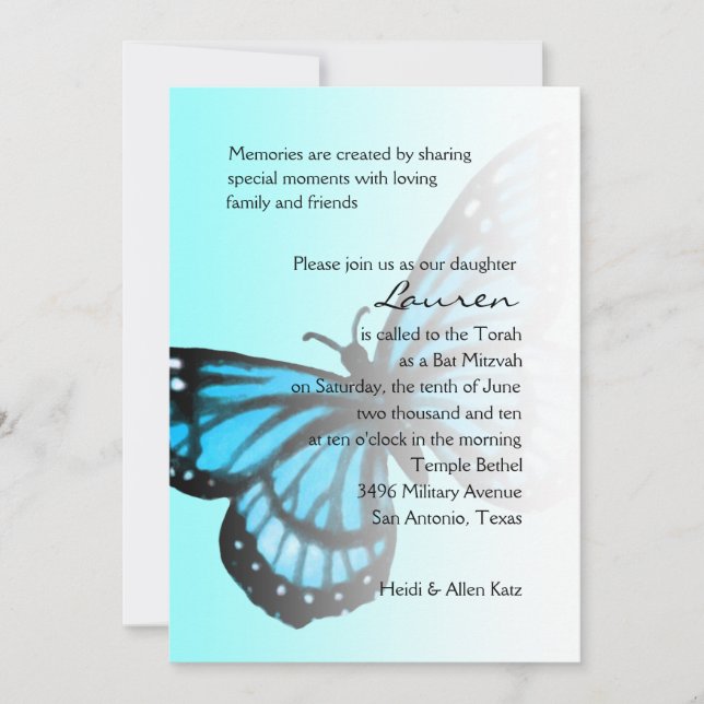 Bat Mitzvah Turquoise Blue Butterfly Ombre Invitation (Front)
