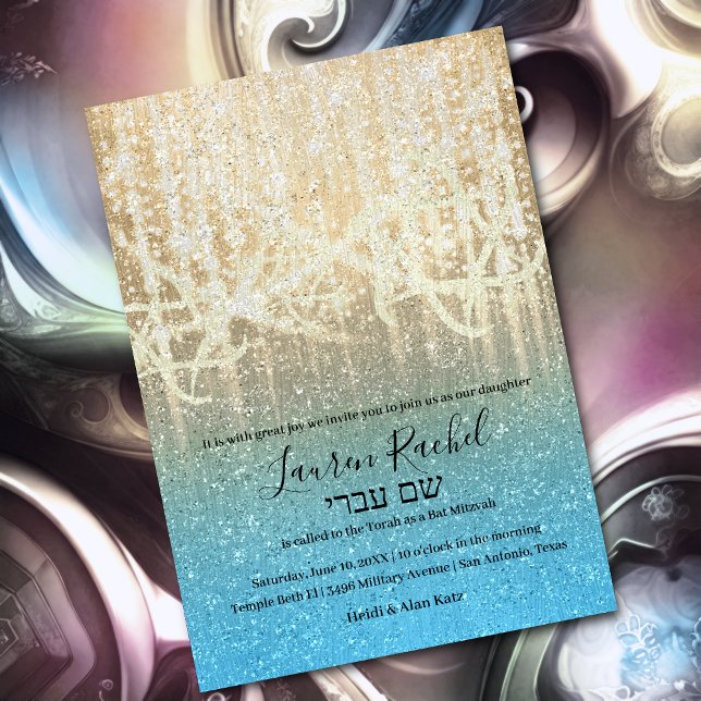 Bat Mitzvah Turquoise Blue Gold Extra Sparkly Invitation (Creator Uploaded)