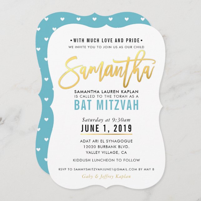 BAT MITZVAH turquoise blue gold script SAMANTHA Invitation (Front/Back)