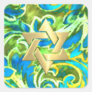 Bat Mitzvah Turquoise Blue Green Watercolor Damask Square Sticker