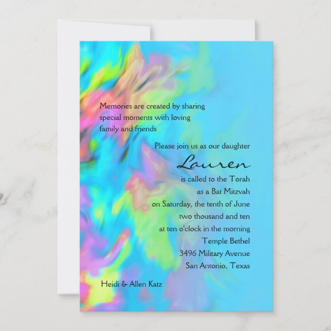 Bat Mitzvah Turquoise Blue Lime Pink Tie Dye Invitation (Front)