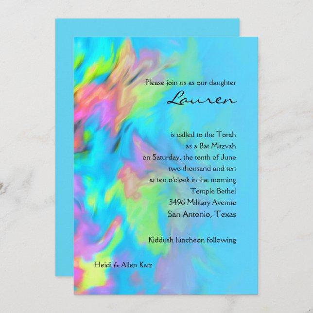 Bat Mitzvah Turquoise Blue Lime Pink Tie Dye Invitation (Front/Back)