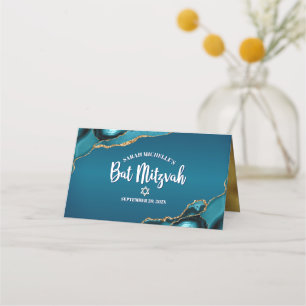 Bat Mitzvah Turquoise Blue Ombre Gold Agate Modern Place Card