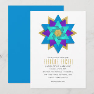 Bat Mitzvah Turquoise Blue Purple Aqua Star Flower Invitation