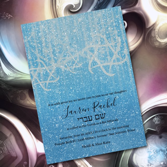 Bat Mitzvah Turquoise Blue White Extra Sparkly Invitation (Creator Uploaded)