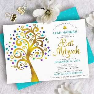 Bat Mitzvah Turquoise Gold Modern Tree of Life Invitation
