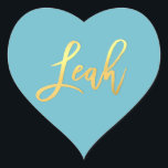 BAT MITZVAH turquoise gold script name LEAH Heart Sticker<br><div class="desc">by kat massard >>> WWW.SIMPLYSWEETPAPERIE.COM <<< *** NOTE - THE SHINY GOLD FOIL EFFECT IS A PRINTED PICTURE *** - - - - - - - - - - - CONTACT ME for custom "faux gold foil effect type" Love the design, but would like to see some changes - another...</div>