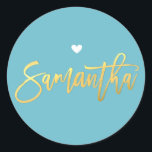 BAT MITZVAH turquoise gold script SAMANTHA Classic Round Sticker<br><div class="desc">by kat massard >>> WWW.SIMPLYSWEETPAPERIE.COM <<< *** NOTE - THE SHINY GOLD FOIL EFFECT IS A PRINTED PICTURE *** - - - - - - - - - - - CONTACT ME for custom "faux gold foil effect type" Love the design, but would like to see some changes - another...</div>
