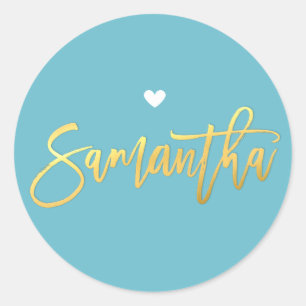 BAT MITZVAH turquoise gold script SAMANTHA Classic Round Sticker