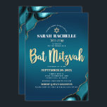 Bat Mitzvah Turquoise Ombre Agate Gold Script Bold Invitation<br><div class="desc">Be proud, rejoice and showcase this milestone of your favourite Bat Mitzvah! Send out this cool, unique, modern, personalised, Hebrew name invitation for an event to remember. Faux gold foil script typography, white sans serif typography, and a faux gold Star of David overlay a deep turquoise teal blue ombre background...</div>