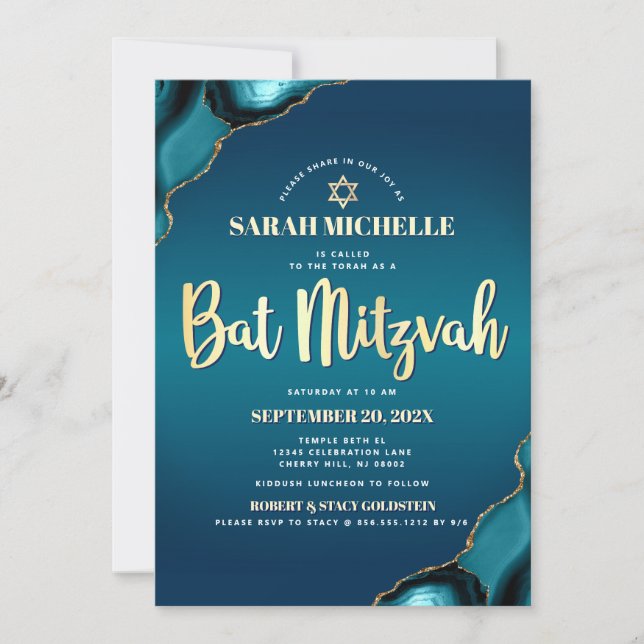 Bat Mitzvah Turquoise Ombre Agate Gold Script Chic Invitation (Front)