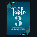 Bat Mitzvah Turquoise Ombre Agate Script Modern Table Number<br><div class="desc">No Bat Mitzvah party is complete without personalised table number cards. Let your daughter be proud, rejoice and celebrate her milestone at her perfectly coordinated party. White calligraphy script, light turquoise blue and white typography, and turquoise blue agate rocks accented with faux gold veins overlay a deep turquoise teal blue...</div>