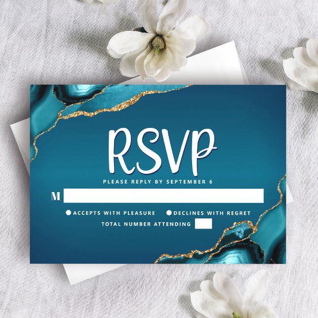 Bat Mitzvah Turquoise Ombre Gold Agate Script RSVP Card (Creator Uploaded)
