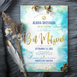 Bat Mitzvah turquoise watercolor gold foil script  Invitation<br><div class="desc">Be proud, rejoice and showcase this milestone of your favourite Bat Mitzvah! Send out this stunning, modern, sparkly gold faux foil and glitter dots and typography script against a turquoise watercolor background, personalised invitation for an event to remember. Personalise the custom text with your Bat Mitzvah’s name, Hebrew name, date,...</div>