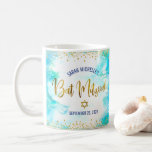 Bat Mitzvah Turquoise Watercolor Gold Script Bold Coffee Mug<br><div class="desc">Be proud, rejoice and showcase this milestone of your favourite Bat Mitzvah! Celebrate whenever you use this stunning, modern, stylish, custom coffee mug. Sparkly, faux gold foil calligraphy script and glitter dots overlay a soft turquoise blue watercolor background. Personalise with your Bat Mitzvah’s name and date or custom message. Guaranteed...</div>