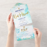 Bat Mitzvah Turquoise Watercolor Gold Script Party All In One Invitation<br><div class="desc">Be proud, rejoice and showcase this milestone of your favourite Bat Mitzvah! Send out this stunning, modern, custom all-in-one invitation for an event to remember. Sparkly gold faux foil, glitter dots and typography script overlay a turquoise blue watercolor background. This all-in-one product is an unique combination of a custom invitation,...</div>