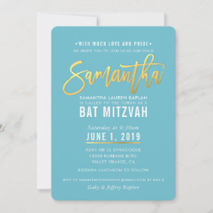 BAT MITZVAH turquoise white gold script SAMANTHA Invitation