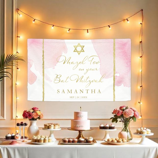 Bat Mitzvah Watercolor Banner Abstract Pink Gilded (Creator Uploaded)