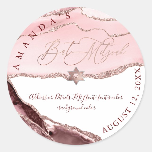 Bat Mitzvah, Watercolor Blush Burgundy Agate Classic Round Sticker (Front)