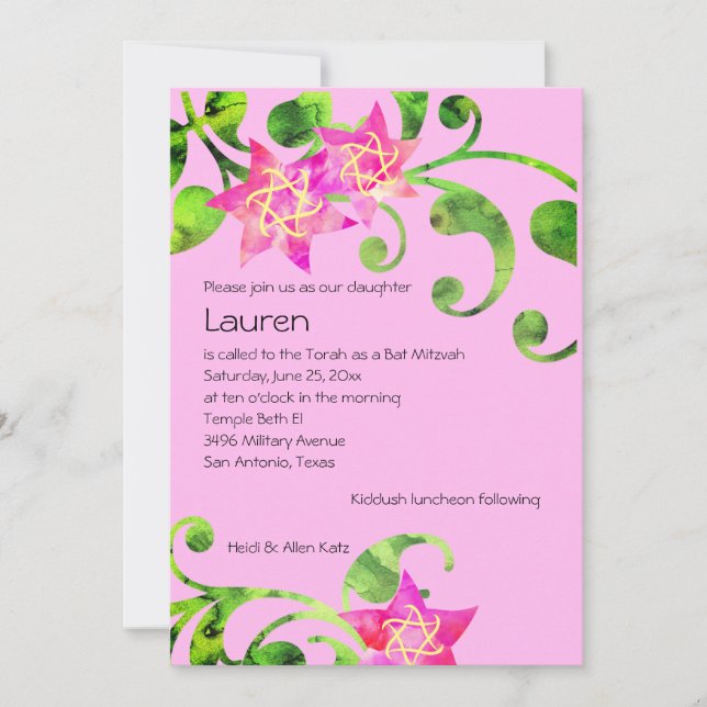 Bat Mitzvah Watercolor Floral Design Invitation (Front)