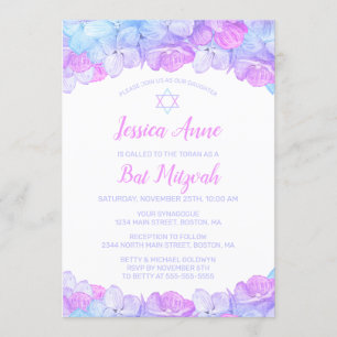 Bat Mitzvah Watercolor Floral Pink Blue Hydrangea Invitation