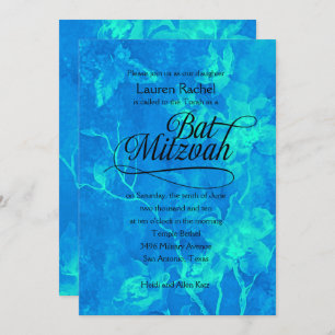 Bat Mitzvah Watercolor Flowers Aqua and Turquoise Invitation