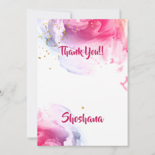 Bat Mitzvah Watercolor Glitter Blank Thank You Card