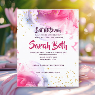 Bat Mitzvah Watercolor Glitter Budget Invitation