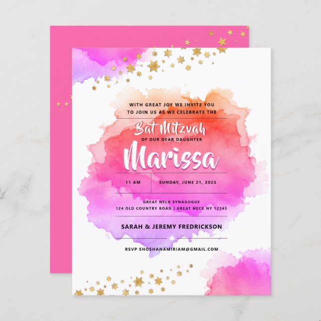 Bat Mitzvah Watercolor Glitter Invitation (Front/Back)