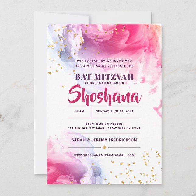 Bat Mitzvah Watercolor Glitter Invitation (Front)