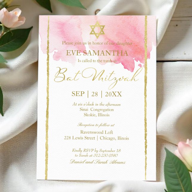 Bat Mitzvah Watercolor Invitation | Abstract Pink (Creator Uploaded)