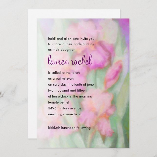 Bat Mitzvah Watercolor Pink Irises Invitation (Front/Back)