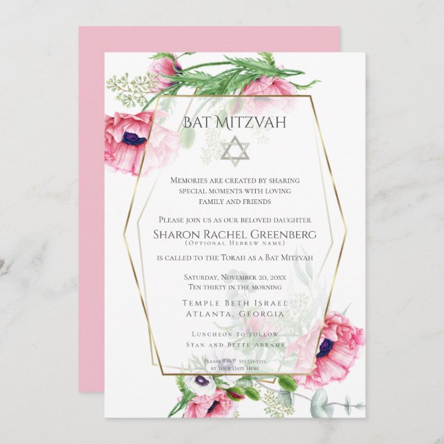 Bat Mitzvah | Watercolor Pink Poppies Verse 3 Invitation (Front/Back)
