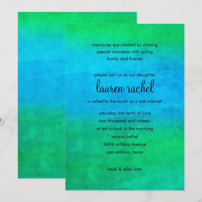 Bat Mitzvah Watercolor Streaks Invitation (Front/Back)