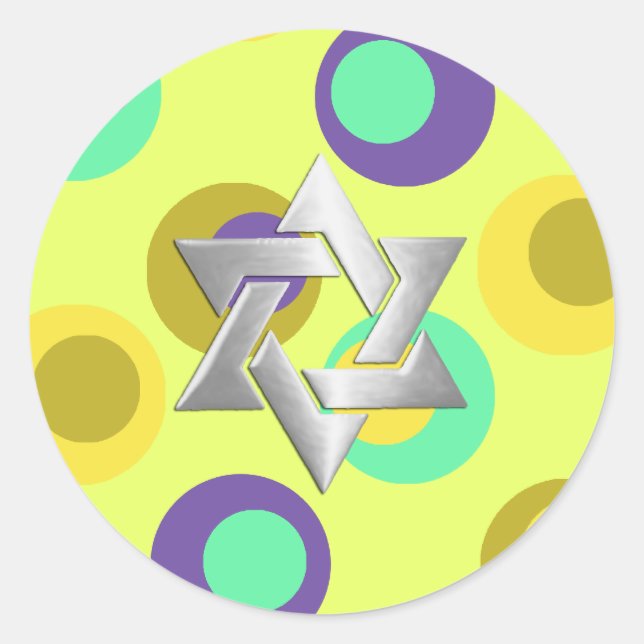 Bat Mitzvah Yellow Field with Purple and Aqua Dots Classic Round Sticker (Front)