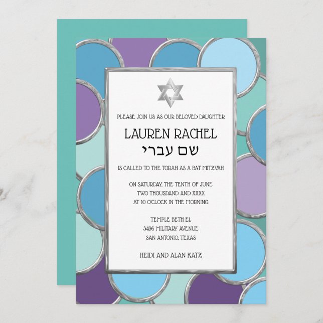 Bat Mitzvah Your Colours Circles in Silver Invitation (Front/Back)