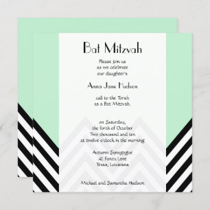 Bat Mitzvah - Zigzag, Chevron - Mint Green, Black Invitation