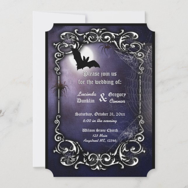 Bat, Moon and Spiders with silver ornate decor Invitation (Front)