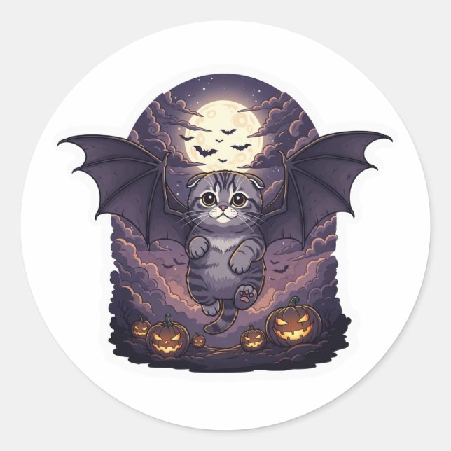Bat Wing Fold – Scottish Fold Bat Cat Halloween Classic Round Sticker (Front)