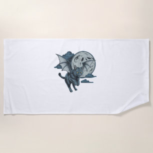 Bat-Winged Cat Scary Halloween Full Moon Beach Towel
