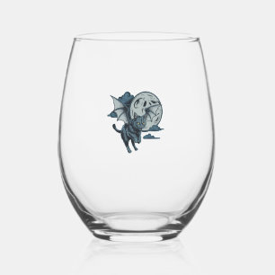 Bat-Winged Cat Scary Halloween Full Moon  Stemless Wine Glass