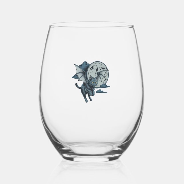 Bat-Winged Cat Scary Halloween Full Moon  Stemless Wine Glass (Front)