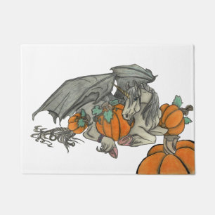 Bat winged Unicorn protecting a pumpkin patch Doormat