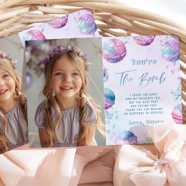 Bath Bomb birthday party photo thank you card (Creator Uploaded)