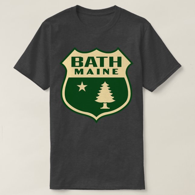 Bath Maine Retro Pine Tree Shield Tan T-Shirt (Design Front)