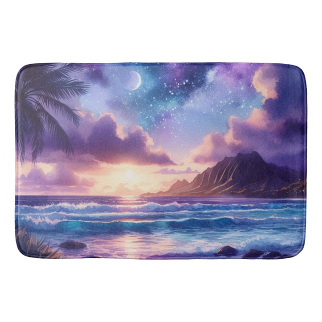 Bath Mat Purple Night Sky Moon Tropical Beach (Front)
